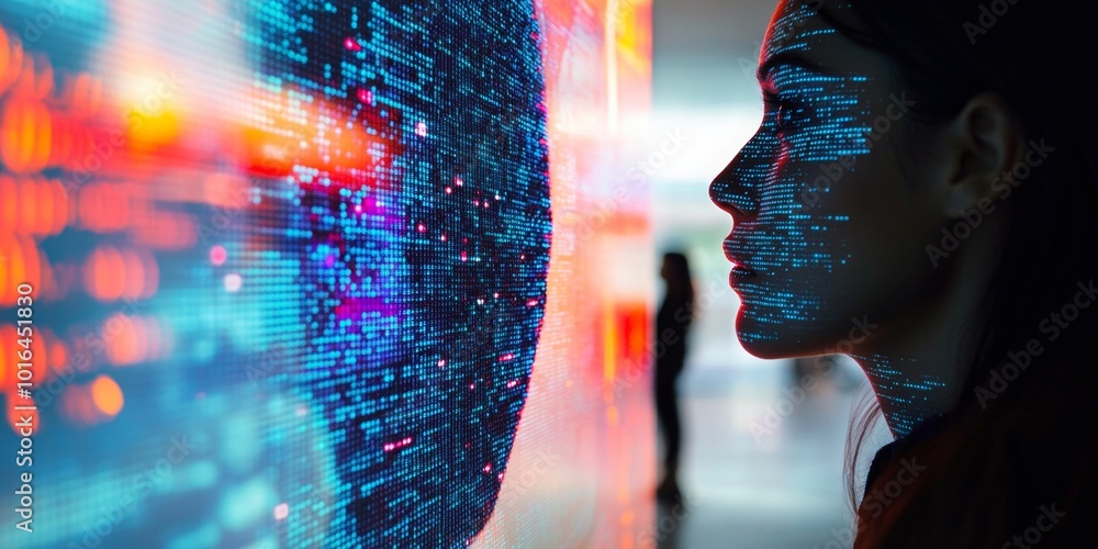 Poster pixelated visage on a holographic screen, blurred observer in the background, exploring digital iden