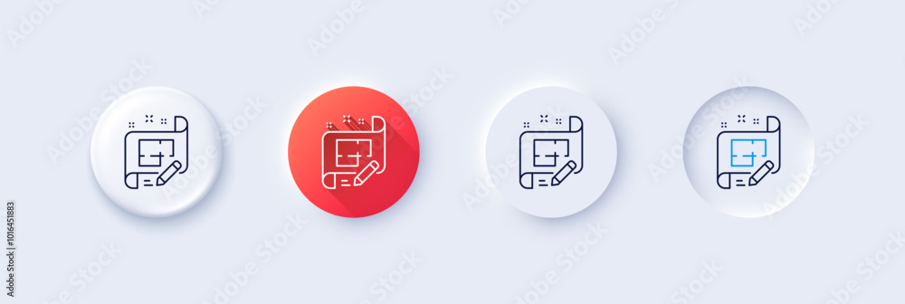 Poster architect line icon. neumorphic, red gradient, 3d pin buttons. engineering plan sign. edit project d