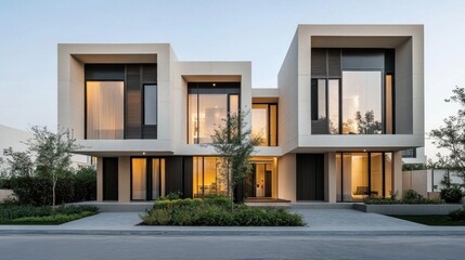 Modern townhouse with a simple design. Characterized by a flat roof Large floor-to-ceiling windows and neutral color tones Modern architecture emphasizes the use of every space in a cost-effective and