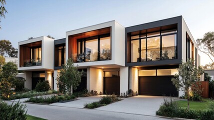 Fototapeta premium Modern townhouse with a simple design. Characterized by a flat roof Large floor-to-ceiling windows and neutral color tones Modern architecture emphasizes the use of every space in a cost-effective and