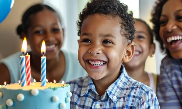portrait of a small boy smiling happily celebrating his birthday