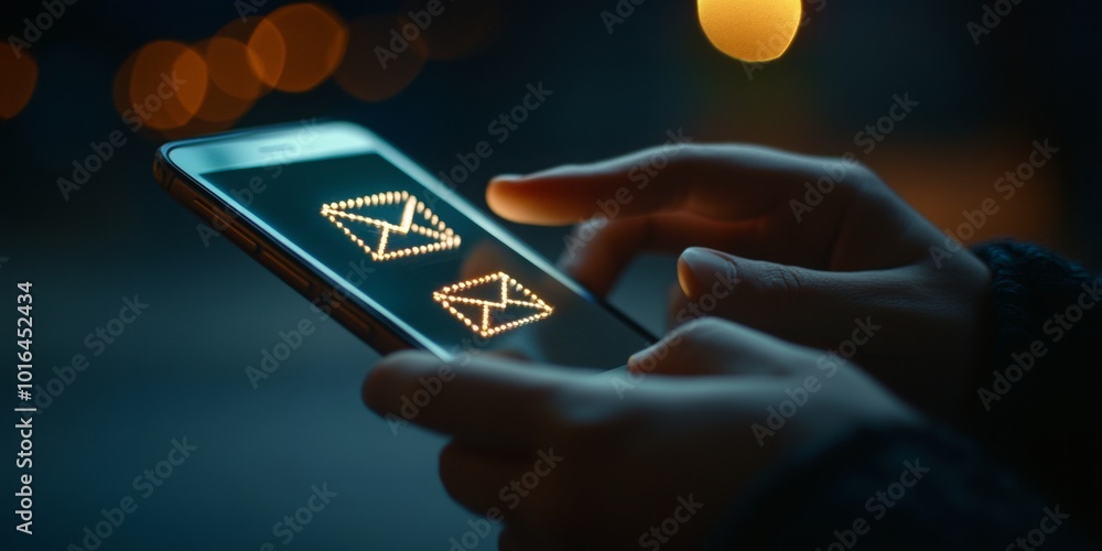 Aufkleber smartphone interaction with email symbol, fingers engaging with screen, minimal backdrop emphasizing