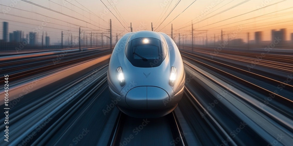Poster dynamic high-speed train in motion, striking front view against a blurred horizon, conveying speed a