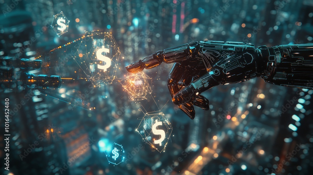 Aufkleber two robotic hands interact with a glowing dollar sign symbol in a futuristic cityscape, representing