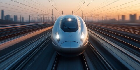 Dynamic high-speed train in motion, striking front view against a blurred horizon, conveying speed and power in a sleek design