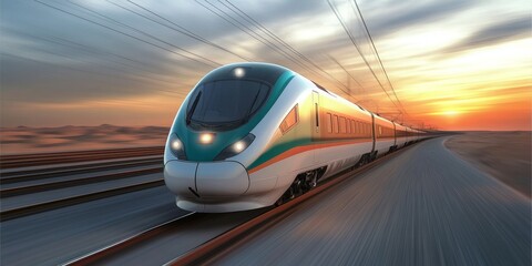 Fototapeta premium Dynamic close-up of a high-speed train in motion, showcasing its sleek design against a blurred horizon, conveying speed and power