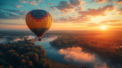 Obraz premium Vibrant hot air balloon soaring through blue skies, embodying adventure, freedom, and the joy of summer travel experiences