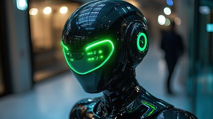 a futuristic representation of chat gpt 5 concept featuring a glossy humanoid robot head illuminated by a striking green neon light symbolizing advanced ai technology.stock image