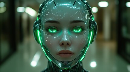 a futuristic representation of chat gpt 5 concept featuring a glossy humanoid robot head illuminated by a striking green neon light symbolizing advanced ai technology.create by F.a