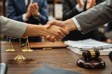 Lawyers shaking hands during a business meeting with scales of justice and gavel on desk in the courtroom