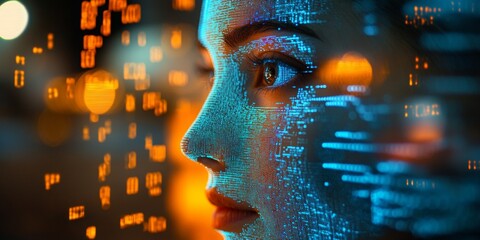 AI Analysis of Pixelated Face, computer interface displaying facial features with coding elements, digital technology and artificial intelligence integration