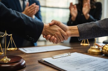 Two lawyers are shaking hands after reaching a successful agreement during a business meeting, while their colleagues applaud them