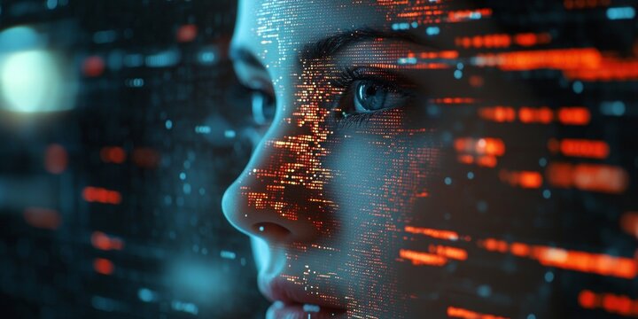 AI Analysis of Pixelated Face, computer interface displaying facial recognition data, intricate coding patterns creating a tech-driven atmosphere
