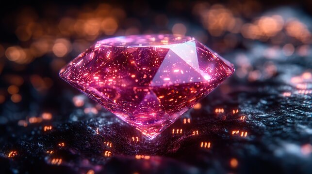 a glowing violet and blue diamond symbolizes digital wealth crypto and nft ownership subtle binary code overlays enhance the futuristic theme representing blockchain technology.illustration