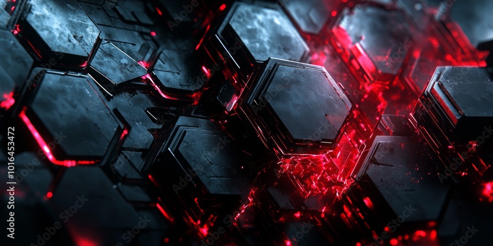 Poster futuristic geometric fusion, a dark backdrop illuminated by interlocking glowing hexagons and fluid 