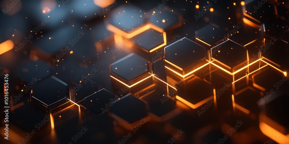 Aufkleber futuristic geometric harmony, dark backdrop with glowing hexagons and interlocked polygons forming a