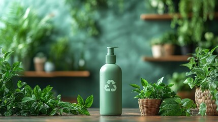 a green eco friendly shampoo detergent,soap bottle featuring a prominent recycling symbol indicating sustainable packaging designed for environmentally conscious household cleaning.create by F.a