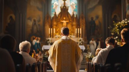 Obraz premium solemn moment in church, featuring priest in yellow vestment leading service, with congregants seated in background. atmosphere is serene and reflective. 