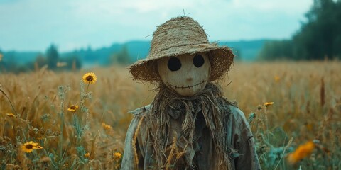 Scarecrow in a field, adorned with a straw hat and tattered clothes, set against a softly blurred countryside backdrop