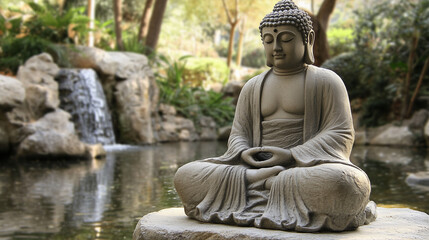 serene Buddha statue sits peacefully by tranquil pond, surrounded by lush greenery and gentle waterfall, evoking sense of calm and meditation. 
