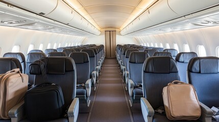 Fototapeta premium An array of vibrant luggage and suitcases fills the overhead compartment of an aircraft, showcasing various shapes and colors as passengers prepare for takeoff