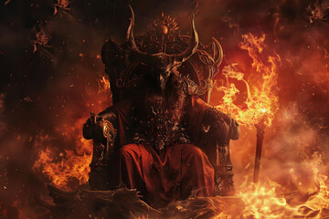 Scary sinister devil is in hell with dramatic fire lighting