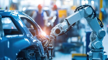 A robotic arm is precisely assembling components on a car in a manufacturing facility