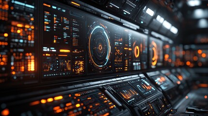 Fototapeta premium a high tech control room,multiple dashboard screens displaying real time data analytics graphs and metrics set in a dark futuristic atmosphere.create by F.a