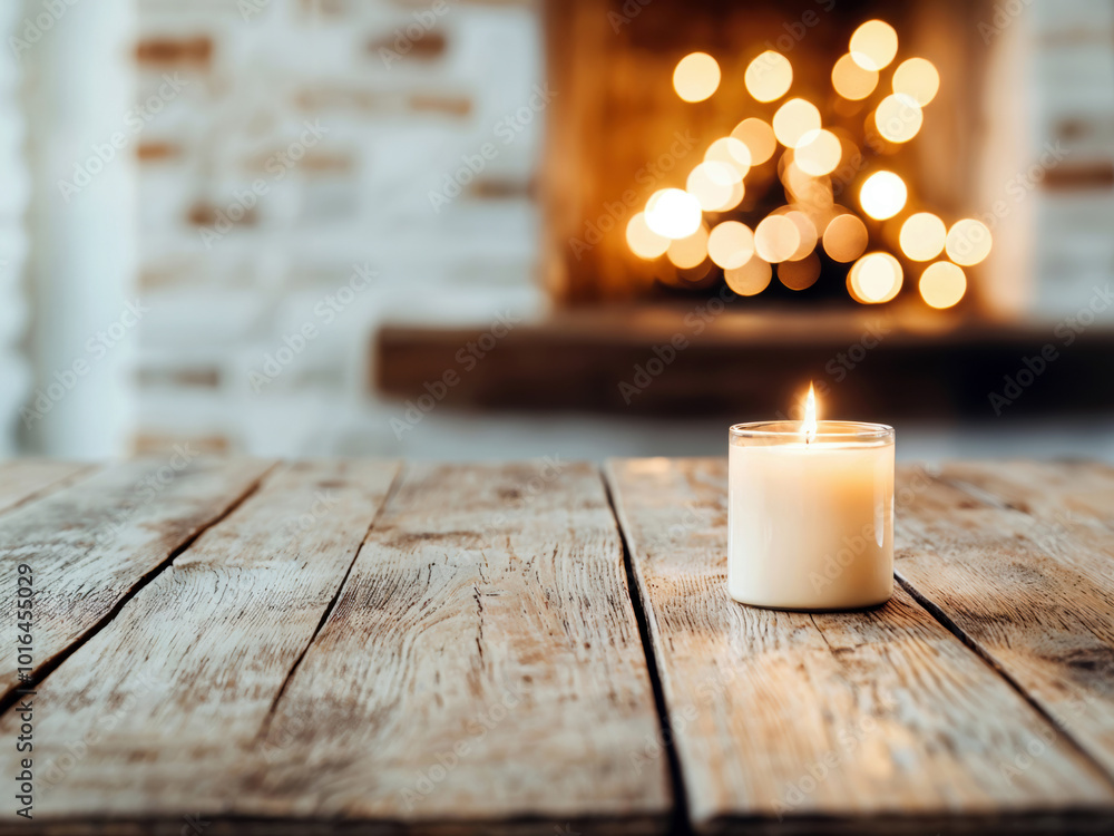 Poster single white candle burning on a rustic wooden table with a warm and inviting fireplace in the backg