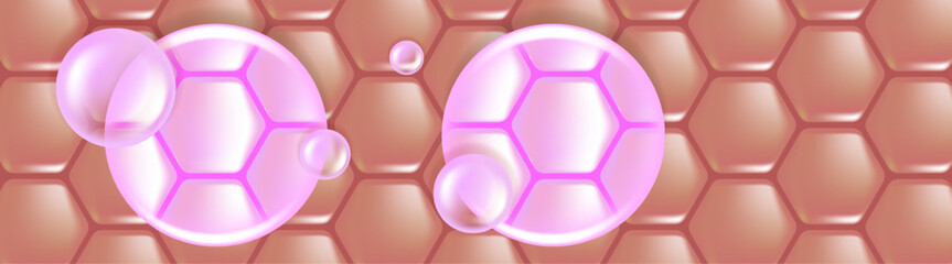 Hyaluronic acid and Niacinamide hair and skin solutions ad, pink collagen serum drops into skin cell with cosmetic advertising background ready to use, illustration vector.