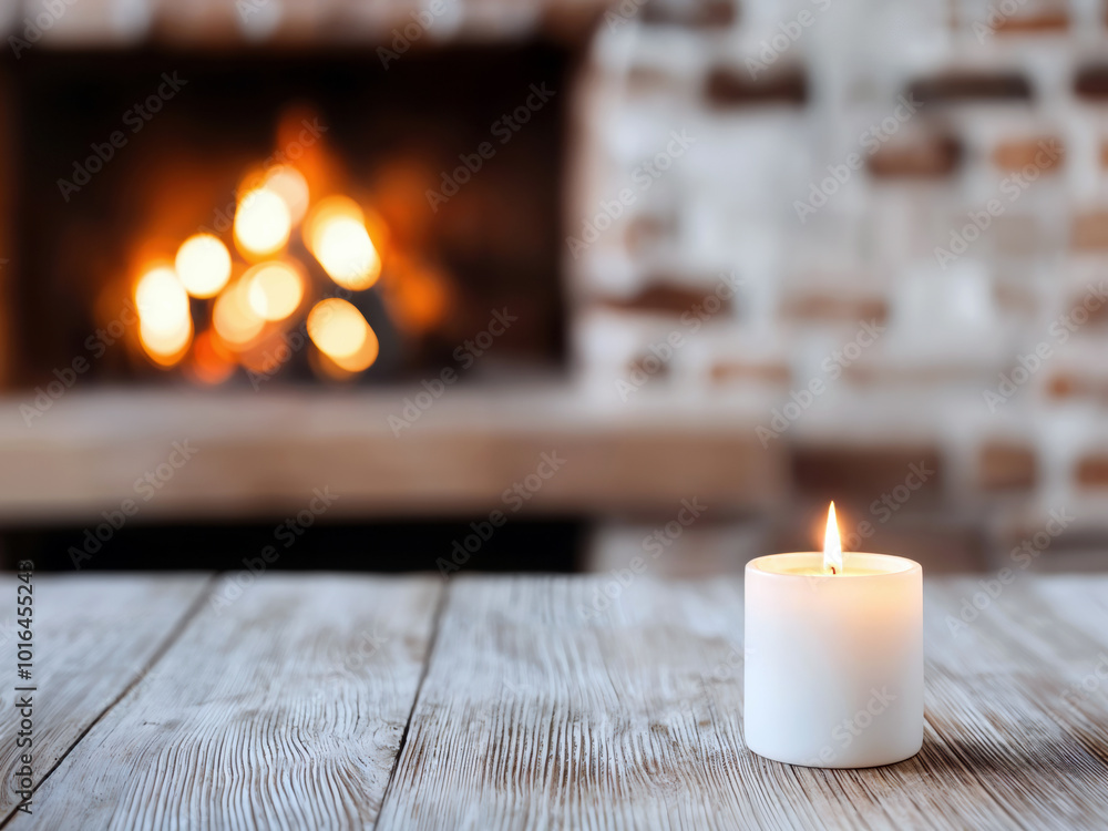 Poster white candle burning on an empty wooden table with a fireplace in the background, creating a warm an
