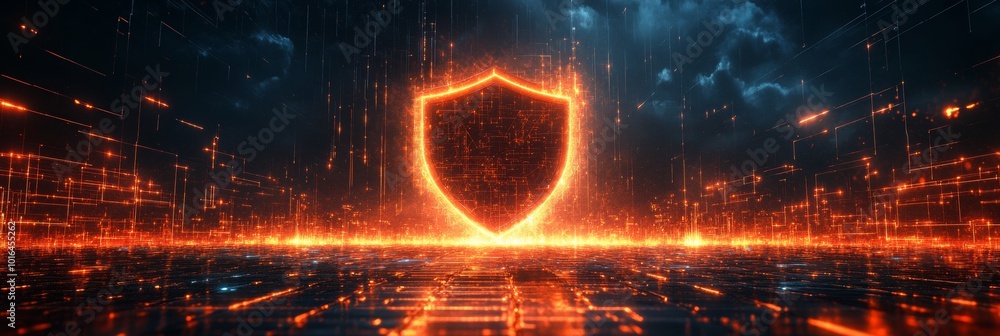 Poster digital shield with luminous edges guarding a fractured firewall emblem on a shadowy cybernetic grid