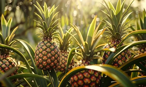A pineapple farm bathed in the warm hues of sunset, with rows of pineapples silhouetted against the glowing sky, creating a picturesque and serene scene