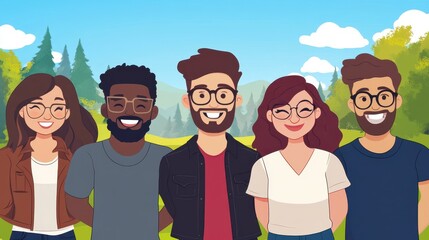 Five friends joyfully enjoy the outdoors together, surrounded by vibrant nature