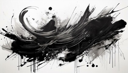 Abstract black in splash, paint, brush strokes, stain grunge isolated on white background, Japanese style
