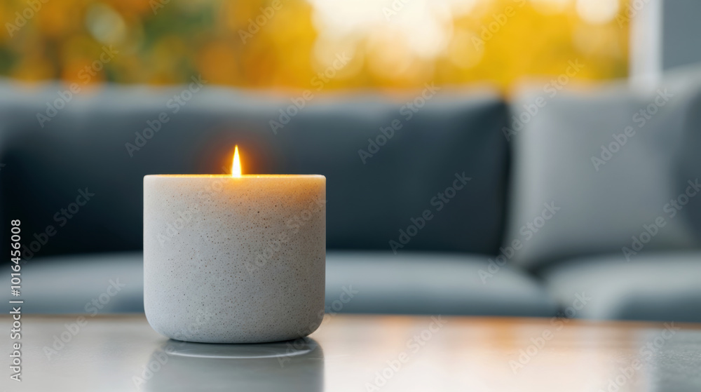 Poster burning scented candle is illuminating an empty table in a cozy living room, creating a warm and inv