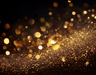 Abstract festive dark background with gold glitter and bokeh. New year, birthday, holidays celebration.