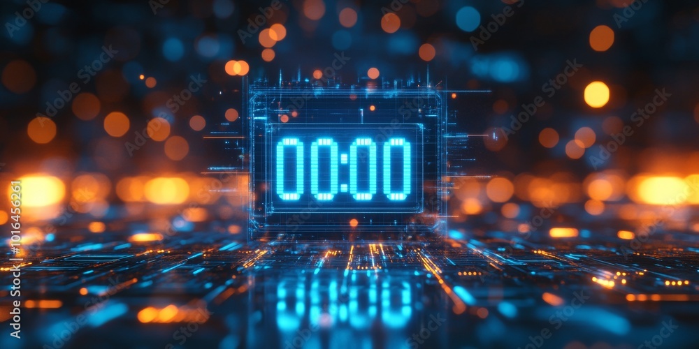 Poster floating blue hologram with time display, blurred digital patterns create a futuristic tech ambiance