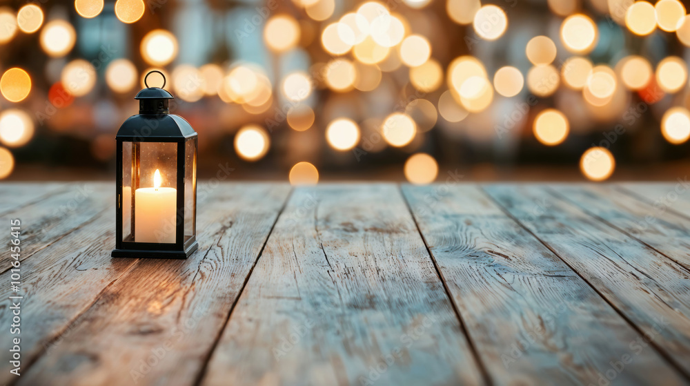 Aufkleber lantern is illuminating an empty wooden table with beautiful bokeh lights in the background