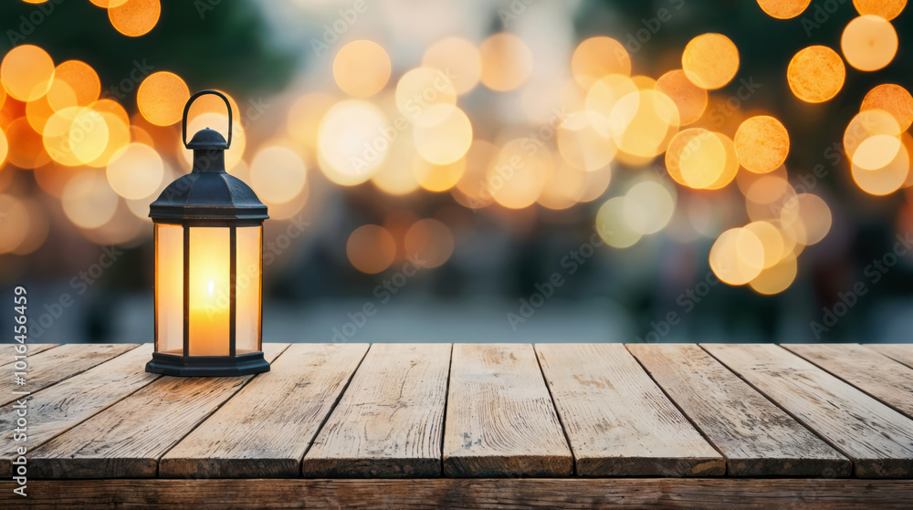 Aufkleber Old lantern is illuminating an empty wooden table at dusk with bokeh lights in the background