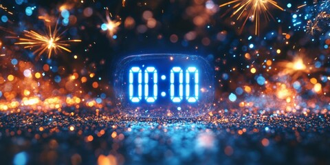 Holographic timer display with vibrant blue glow, set against a backdrop of softly blurred colorful fireworks