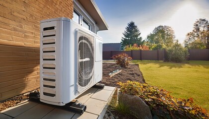 Air source heat pump installed at residential building outdoors