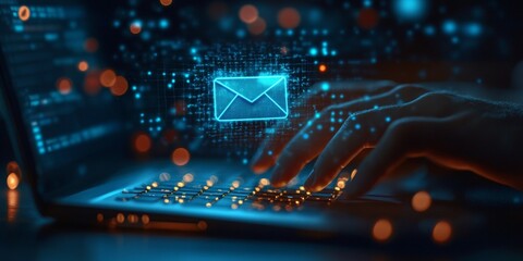 Fingers on a touchpad with an email symbol above, solid color background, digital communication concept, modern technology interaction