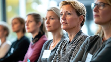 Obraz premium Business women and colleagues attend workshop presentations Sit in a row and focus on the speaker. Professional meeting atmosphere