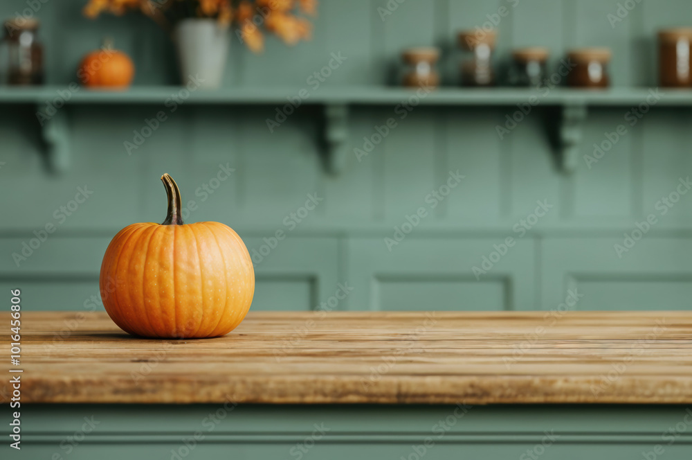 Poster single, ripe pumpkin sits on an empty wooden table, set against a blurred background of a rustic kit