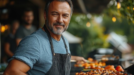 a mature man,family and friends cooking food on a barbecue party.illustration