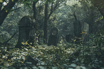 Fantastically mysterious cemetery with tombstones and scary atmosphere