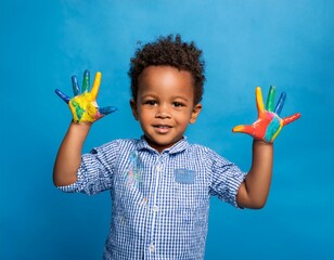 Black Child toddler boy got hands dirty in colorful paint
