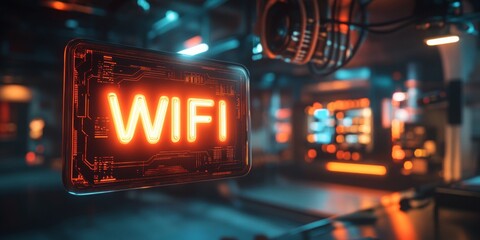 Futuristic WIFI Hologram, bold letters glowing in a tech hub background, creating a modern digital atmosphere, soft blur enhances focus