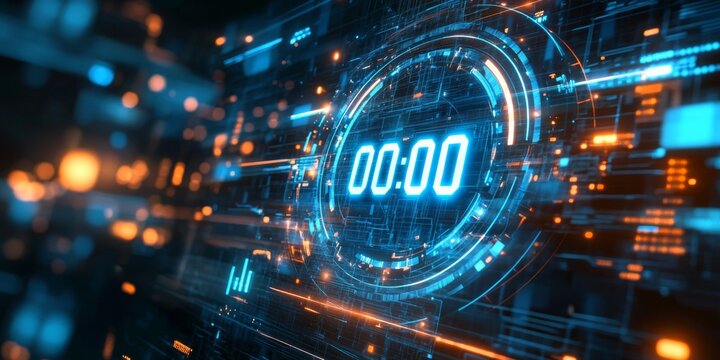 Futuristic Holographic Clock Displaying Midnight, Bright Blue Glow, Blurred Tech Grid Background, Modern Digital Aesthetic